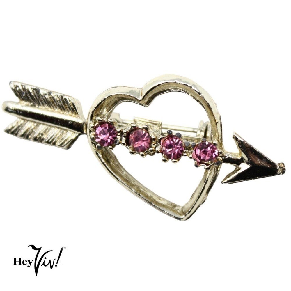 Vintage Valentine Sweetheart Pin w Arrow Gold w Pink Rhinestones 2" - Hey Viv